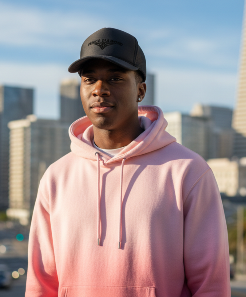 Person wearing a pink hoodie and black cap standing in front of a city skyline

